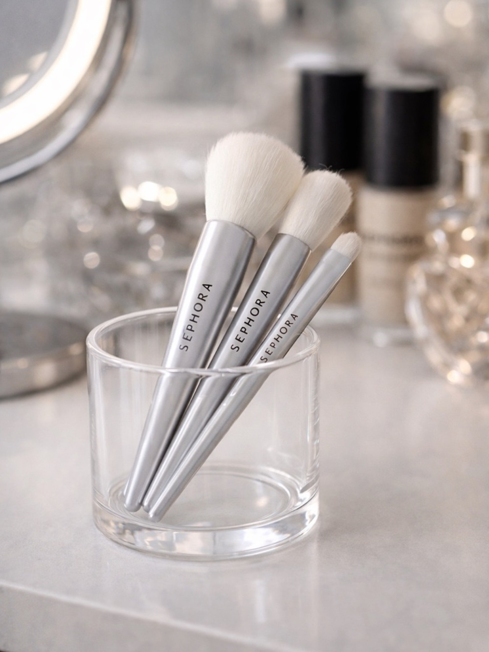 Sephora Mini Silver Brush Travel Makeup Brushes Set Powder Foundation Eyeshadow